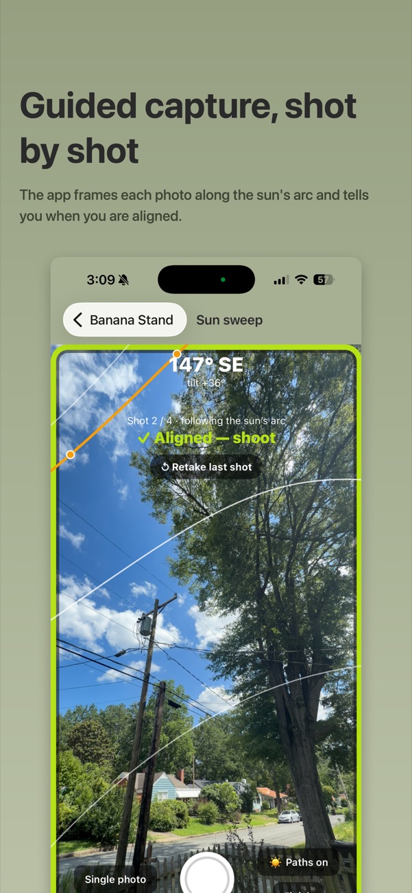 Deconstruct Sun screenshot: Guided capture follows the sun’s arc